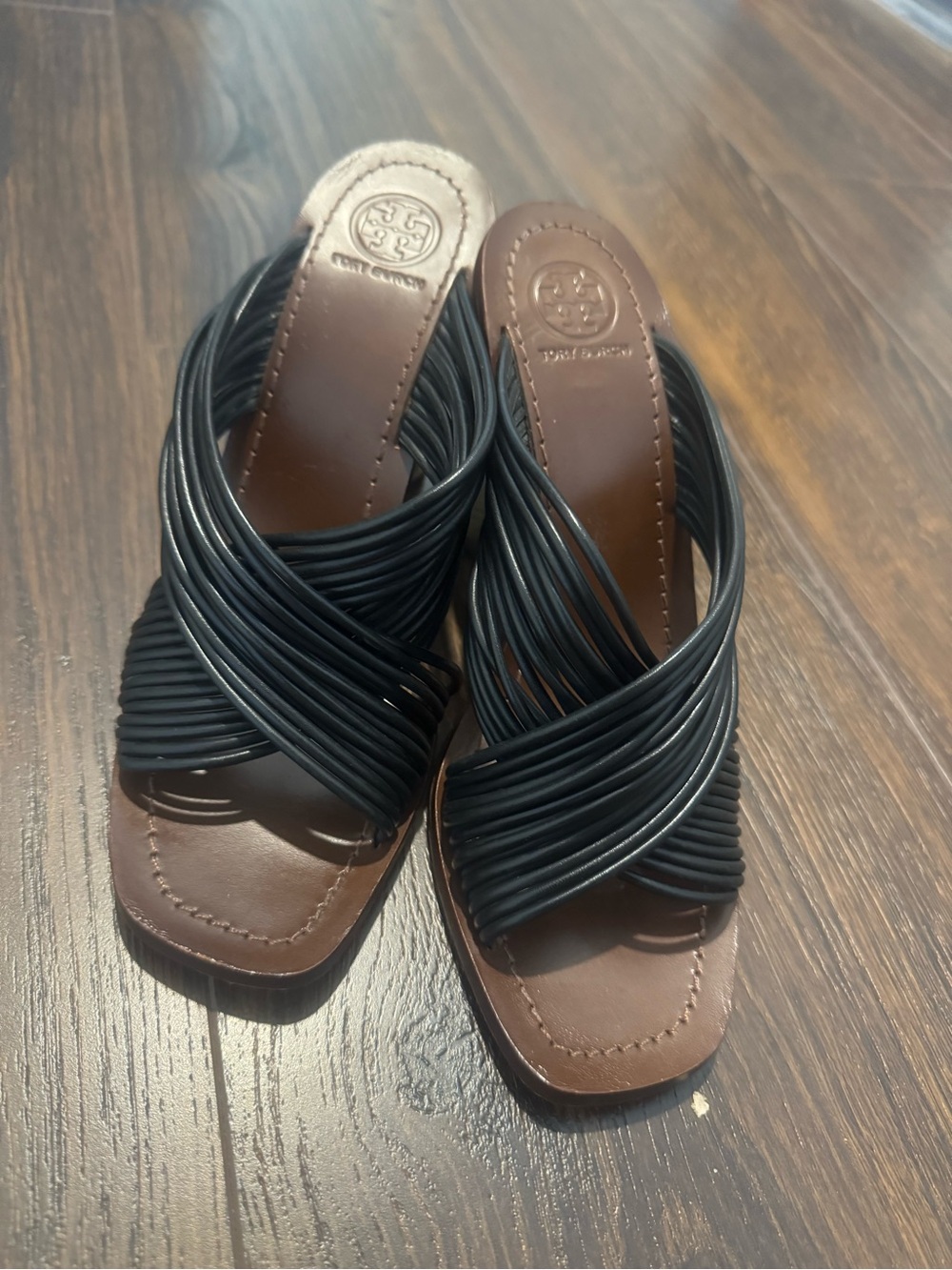 Tory Burch Brown and Black Strappy Slide Mule Sandals